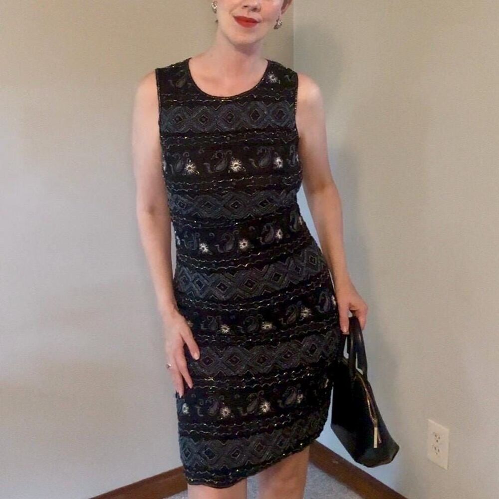 Vintage Moyna 100% Silk Black Hand Beaded Cocktail Dress Size Small